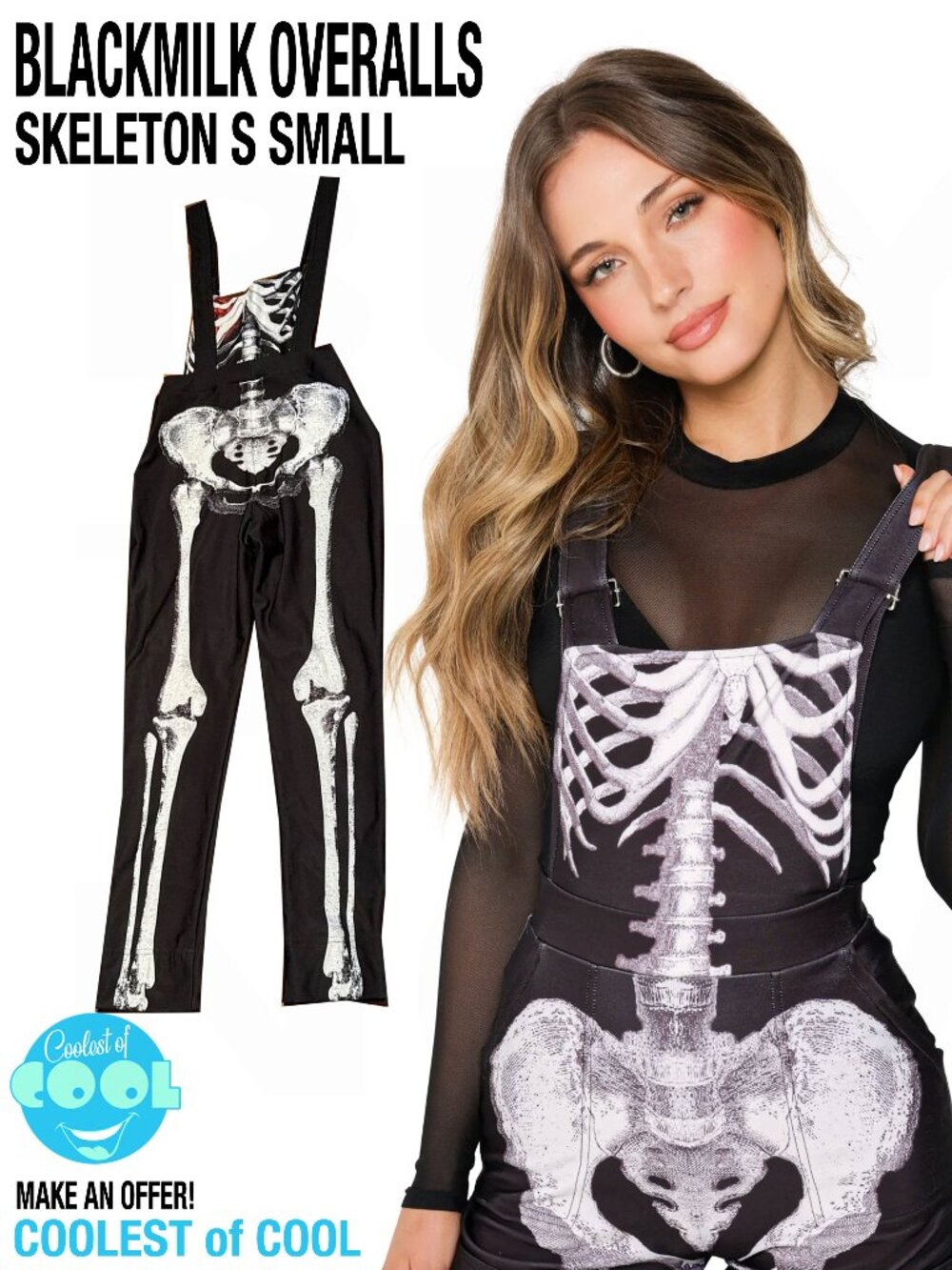 Blackmilk black rib overalls women's small skeleton print Made in Austrailia